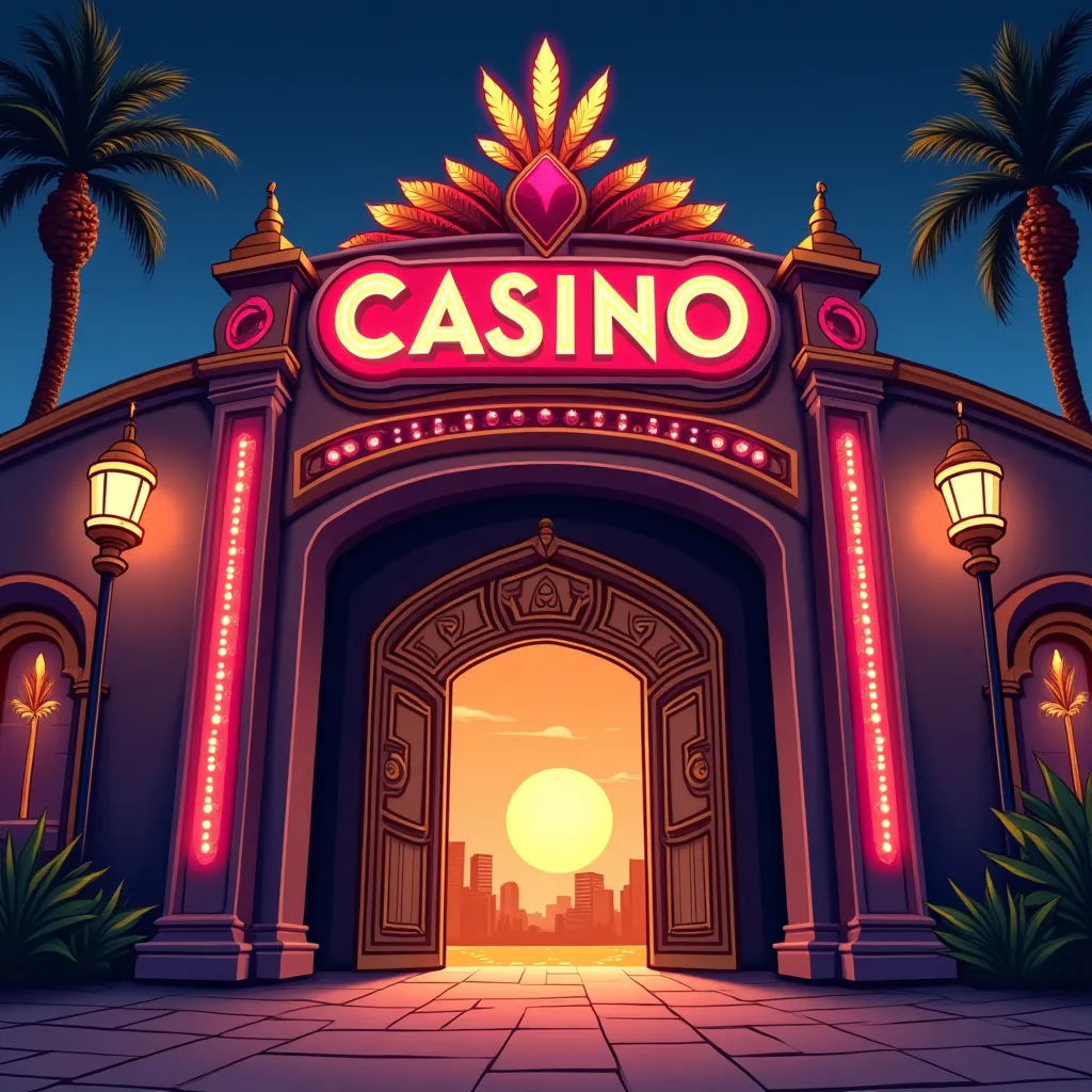 Cartoon live casino entrance with neon lights and dealer tables