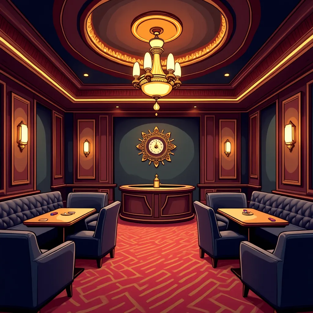 Cartoon VIP lounge with premium dealer table and gold accents